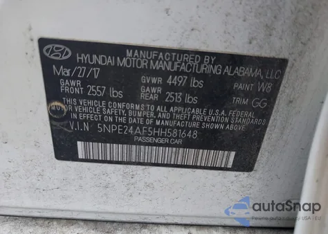 2017 Hyundai Sonata z USA, uszkodzony, nr VIN 5NPE24AF5HH581648